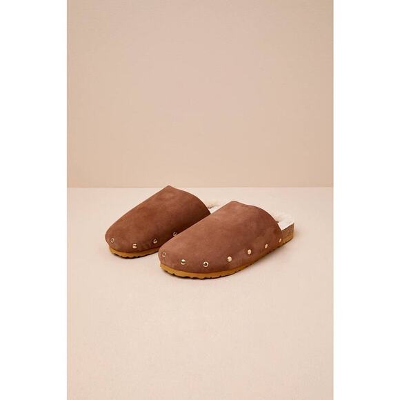 Matisse Upstate Tan Suede Leather Shearling Studded Mule Slides - Picture 2 of 5